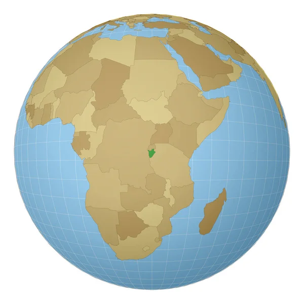 Глобус з центром в Бурунді Країна виділений зеленим кольором на карті світу Супутникова проекція — стоковий вектор