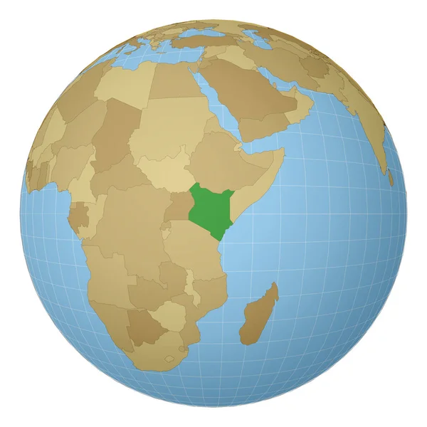 Globo centrado no Quênia País destacado com cor verde no mapa do mundo Projecção por satélite — Vetor de Stock