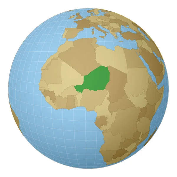 Globus skupiony na Nigrze Kraj zaznaczony zielonym kolorem na mapie świata Projekcja satelitarna — Wektor stockowy