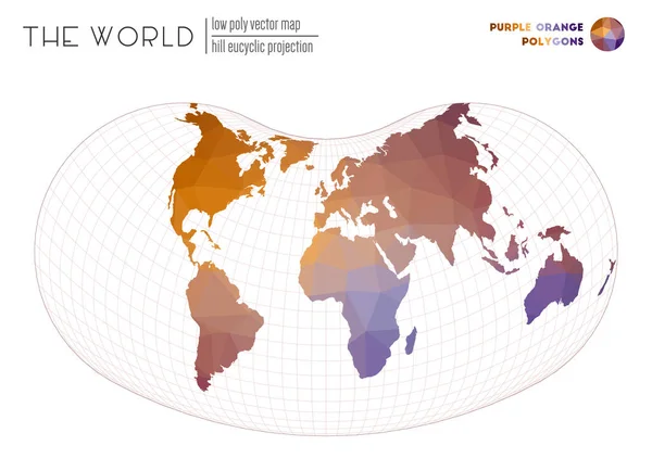 Wereldkaart met levendige driehoeken Hill eucyclische projectie van de wereld Paars Oranje gekleurd — Stockvector