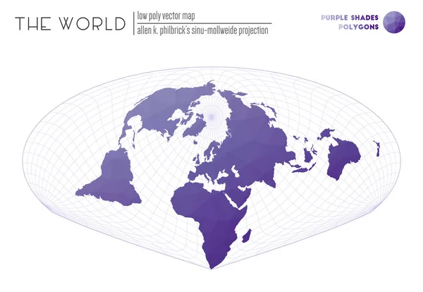 Mappa geometrica astratta Allen K Philbricks SinuMollweide proiezione del mondo Viola — Vettoriale Stock