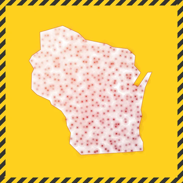 Wisconsin closed virus risk sign Lock down us state icon Black striped border around map with — 스톡 벡터