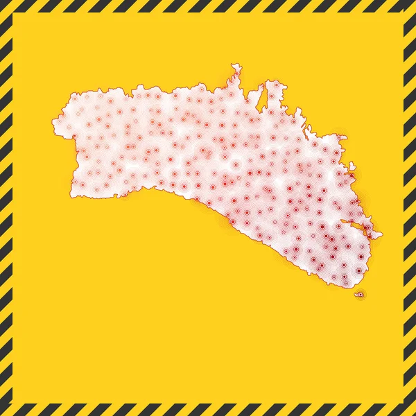 ミノルカ閉鎖ウイルス危険標識島のアイコンをロックする地図の周りの黒い縞模様の境界線と — ストックベクタ