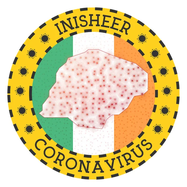 Coronavirus i Inisheer skylt Rund bricka med form av Inisheer Gul ö lås emblem — Stock vektor