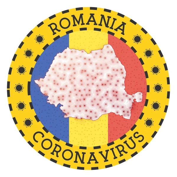 루마니아에 있는 코로나 바이러스는 라운드 배지에 루마니아 황국 모양의 문장이 걸려 있습니다. — 스톡 벡터