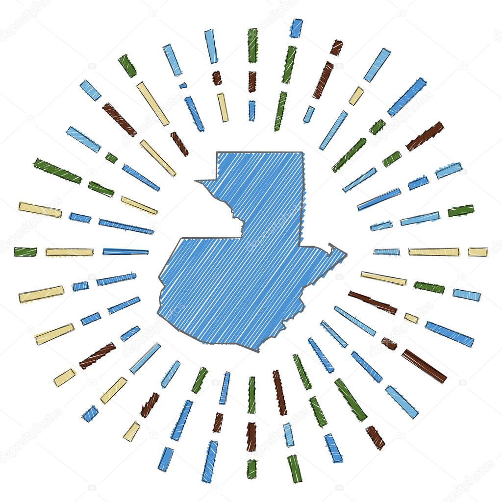Sketch map of Guatemala. Sunburst around the country in flag colors. Hand drawn Guatemala shape with sun rays on white background. Vector illustration.