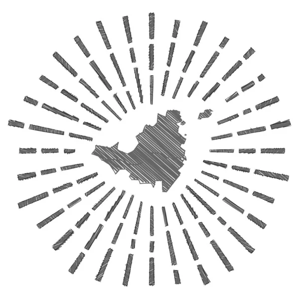 Bosquejo mapa de Saint Martin Sunburst alrededor de la isla en colores de bandera Dibujado a mano Saint Martin — Vector de stock