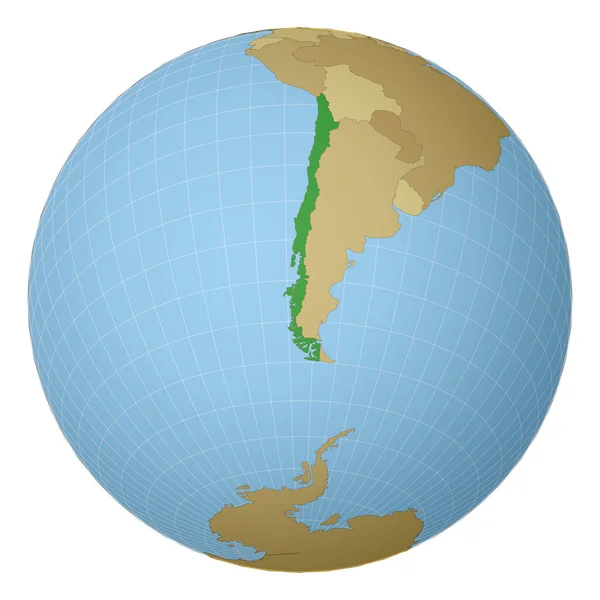 Globus mit Chile im Zentrum Land mit grüner Farbe auf Weltkarte Satellitenprojektion — Stockvektor