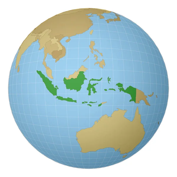 Globe centered to Indonesia Kraj zaznaczony zielonym kolorem na mapie świata Projekcja satelitarna — Wektor stockowy