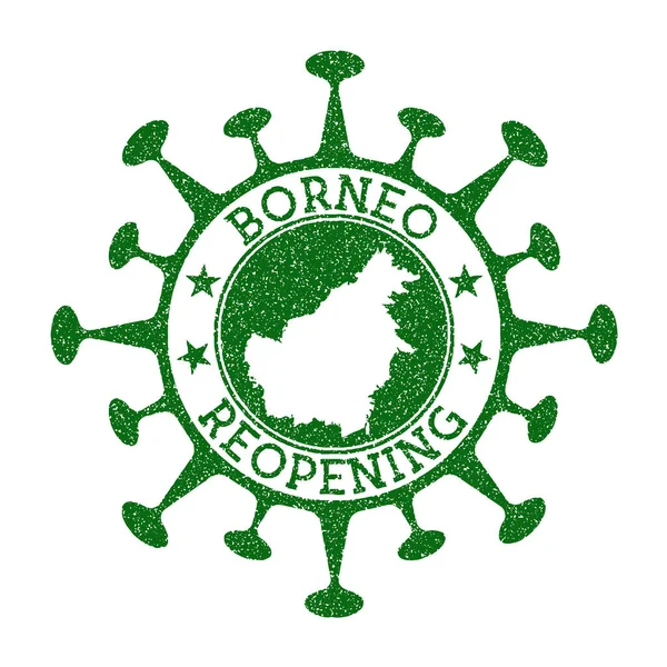 Borneo reapertura sello verde ronda insignia de la isla con el mapa de Borneo Island apertura después de — Vector de stock