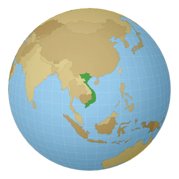 ベトナムを中心とした世界地図上に緑の色で強調表示衛星投影 — ストックベクタ
