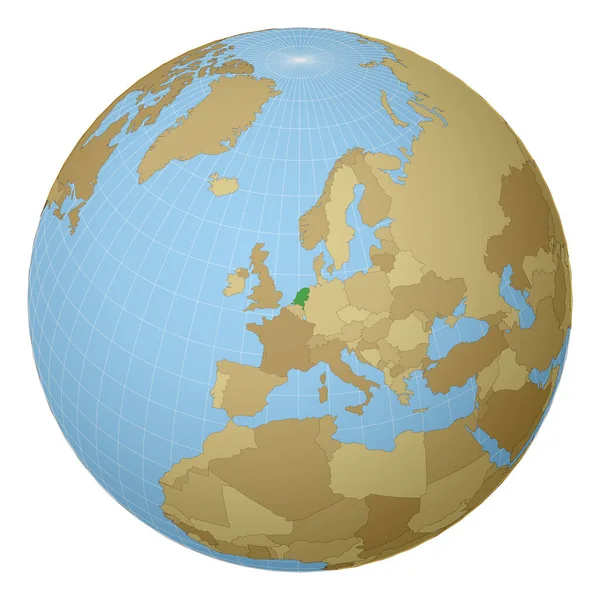 Globe centered to Netherlands Χώρα τονίζεται με πράσινο χρώμα στον παγκόσμιο χάρτη — Διανυσματικό Αρχείο