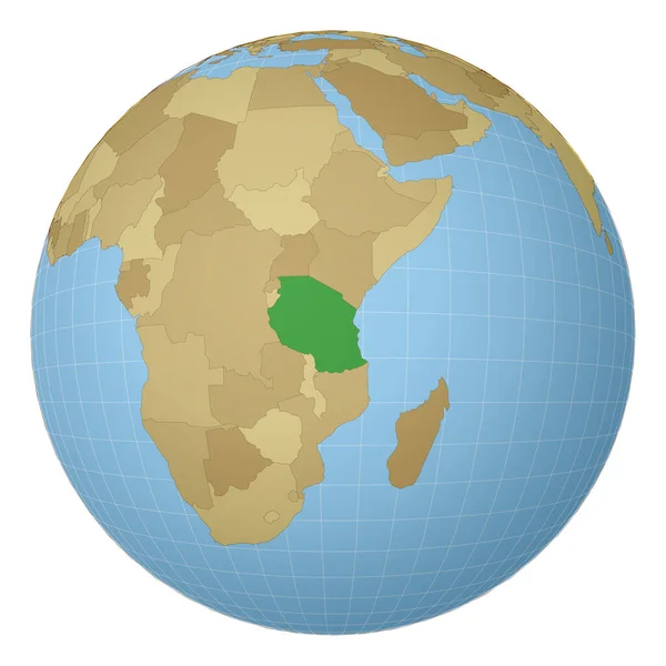 Глобус з центром в Танзанії виділений зеленим кольором на мапі світу супутникова проекція — стоковий вектор