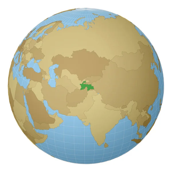 Globe centered to Tajikistan Country highlighted with green color on world map Satellite — Stock Vector