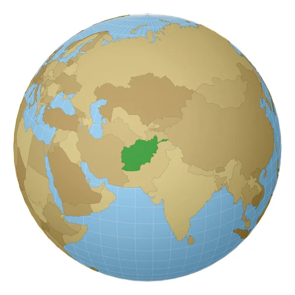 Globe centered to Afghanistan Kraj oznaczony zielonym kolorem na świecie mapa satelitarna — Wektor stockowy