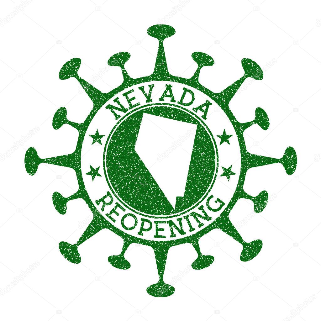 Nevada Reopening Stamp Green round badge of us state with map of Nevada Us state opening after