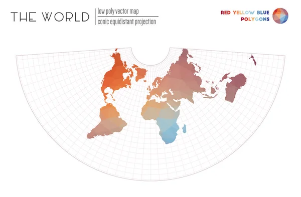 Mapa do mundo em estilo poligonal Conic projeção equidistante do mundo Vermelho Amarelo Azul colorido — Vetor de Stock