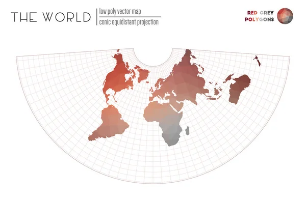 Mappa astratta del mondo Proiezione equidistante conica del mondo Poligoni di colore grigio rosso Incredibile — Vettoriale Stock