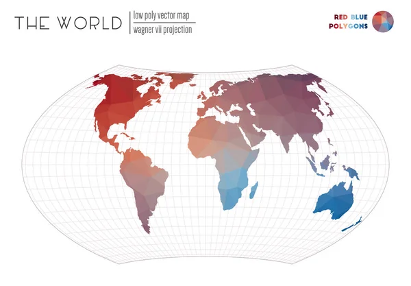 Abstract wereldkaart Wagner VII projectie van de wereld Rood Blauw gekleurde polygonen Mooie vector — Stockvector