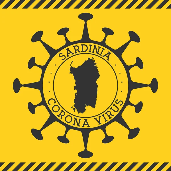 Virus Corona in Sardegna segno Distintivo rotondo a forma di virus e mappa della Sardegna Isola Gialla — Vettoriale Stock