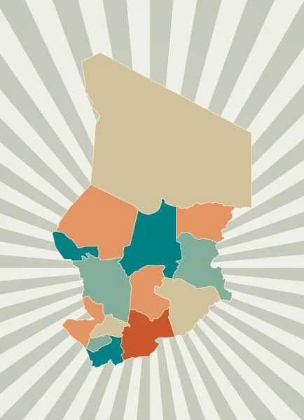 Chad mapa Póster con mapa del país en la paleta de colores retro Forma de Chad con rayos de sol — Vector de stock