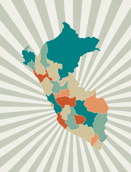 Perú mapa Póster con mapa del país en paleta de colores retro Forma de Perú con rayos de sol — Vector de stock