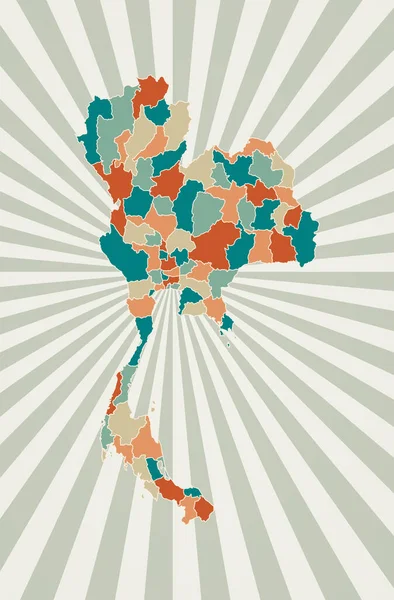 Tailândia mapa Cartaz com mapa do país em paleta de cores retro Forma da Tailândia com sunburst — Vetor de Stock