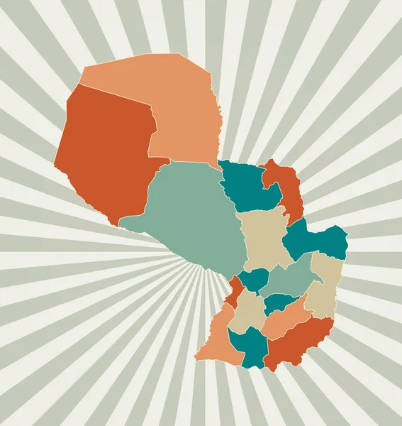Плакат с картой страны в палитре ретро цвета Форма Парагвая с солнечной вспышкой — стоковый вектор