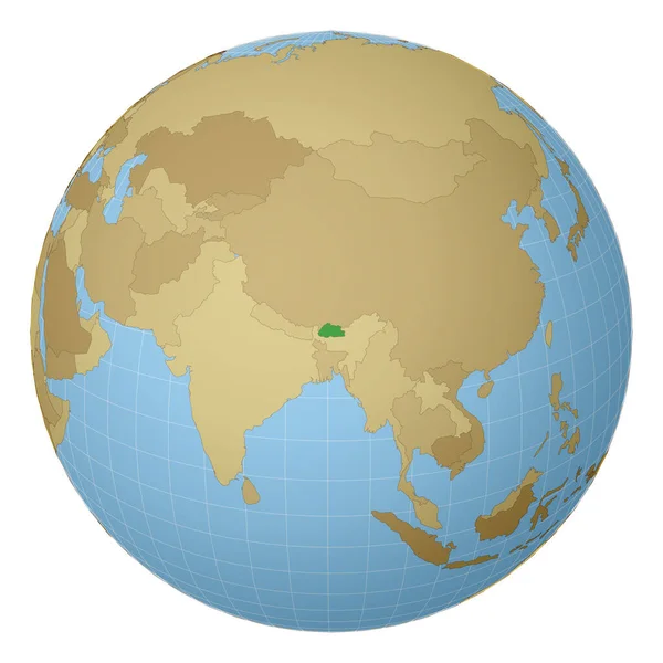 Globo centrado en Bután País resaltado con color verde en el mapa del mundo Proyección satelital — Vector de stock