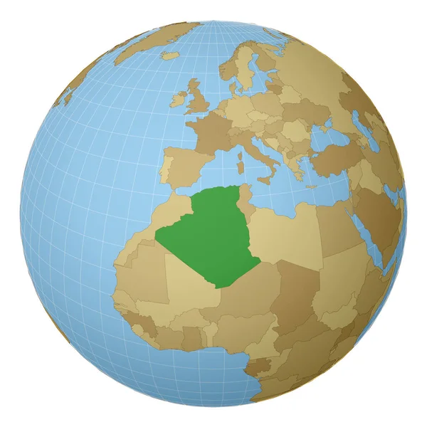 Глобус з центром в Алжирі виділений зеленим кольором на мапі світу супутникова проекція — стоковий вектор