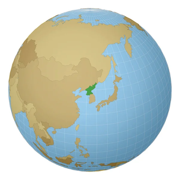 Globe centered to North Korea Country highlighted with green color on world map Satellite — Stock Vector