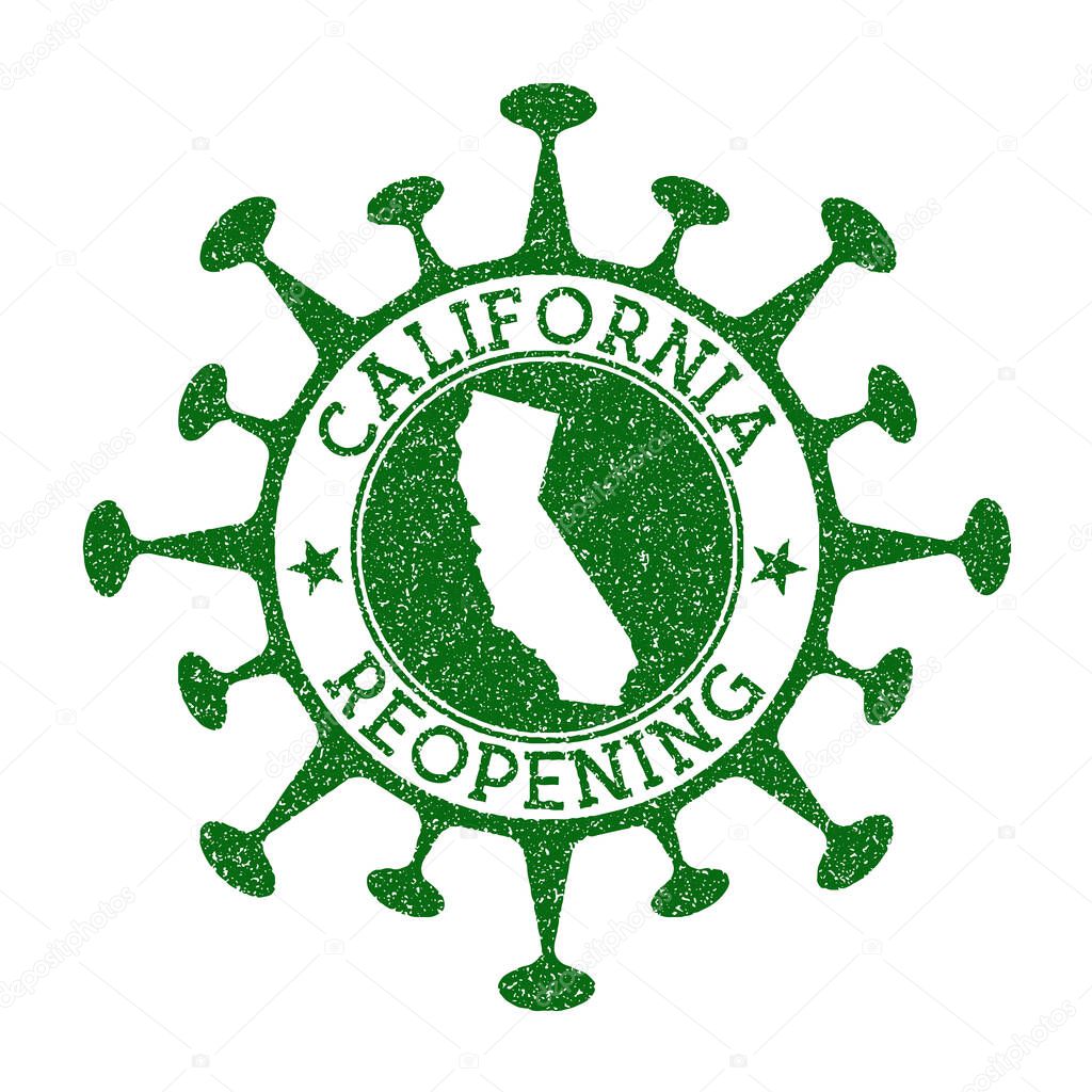 California Reopening Stamp. Green round badge of us state with map of California. Us state opening after lockdown. Vector illustration.