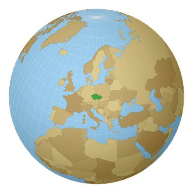 Dünya haritasında yeşil renkle vurgulanmış Çek Cumhuriyeti Ülkesi merkezli dünya uydusu