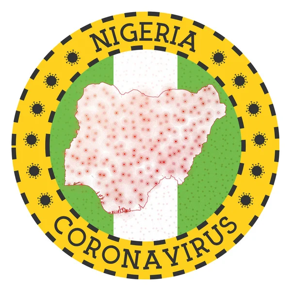 나이지리아의 코로나 바이러스, 나이지리아의 노란 나라 모양 라운드 배지에 서명 — 스톡 벡터