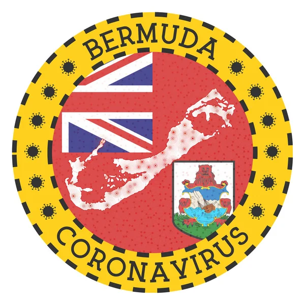 Coronavirus in Bermuda teken Ronde badge met vorm van Bermuda Geel eiland lock-down embleem met — Stockvector