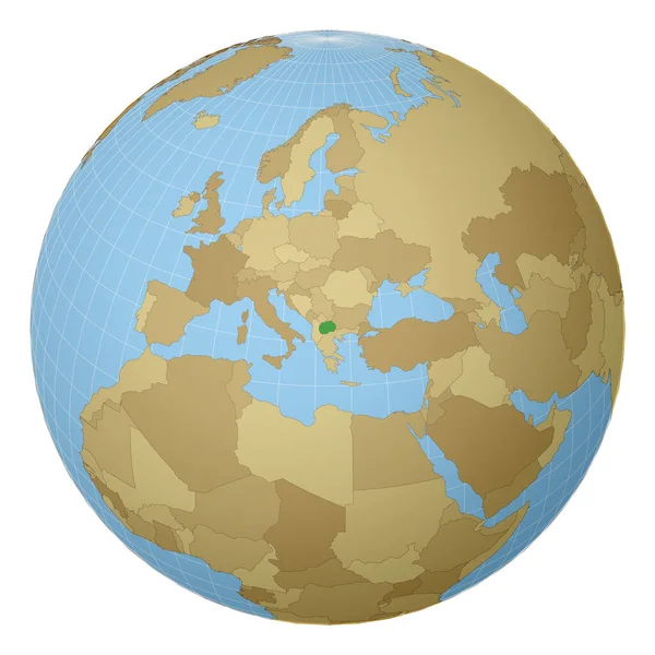 Globus um Mazedonien Land mit grüner Farbe auf Weltkarte hervorgehoben Satellitenprojektion — Stockvektor
