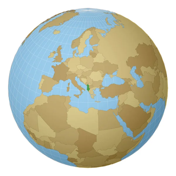 Globe centered to Albania Χώρα τονισμένη με πράσινο χρώμα στον παγκόσμιο χάρτη Δορυφορική προβολή — Διανυσματικό Αρχείο