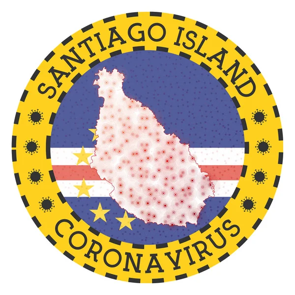 Koronawirus w Santiago Znak wyspy Okrągła odznaka w kształcie zamka wyspy Santiago Żółta wyspa — Wektor stockowy