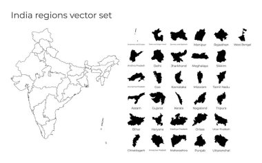 Hindistan haritasında ülkenin boş vektör haritası ve bölge sınırlarının şekilleri yer almaktadır