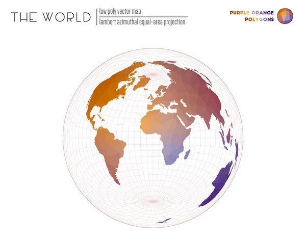 Polygonale wereldkaart Lambert azimuthal equalarea projectie van de wereld Paars Oranje gekleurd — Stockvector