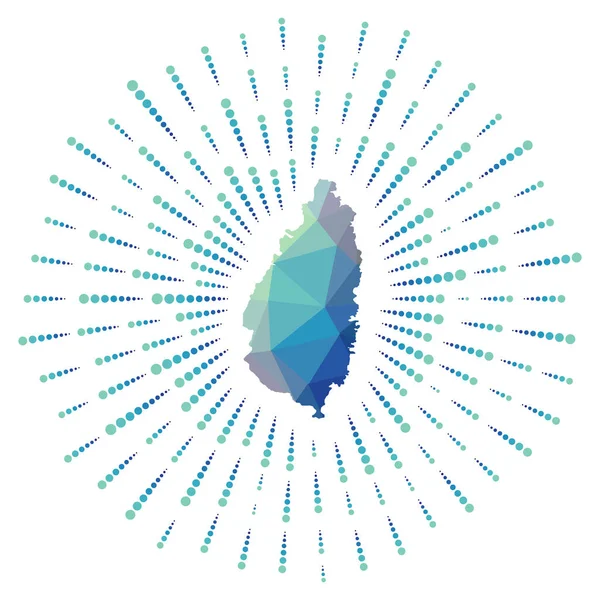 Forma de Santa Lucía estallido solar poligonal Mapa de la isla con los rayos de estrellas de colores Santa Lucía — Vector de stock