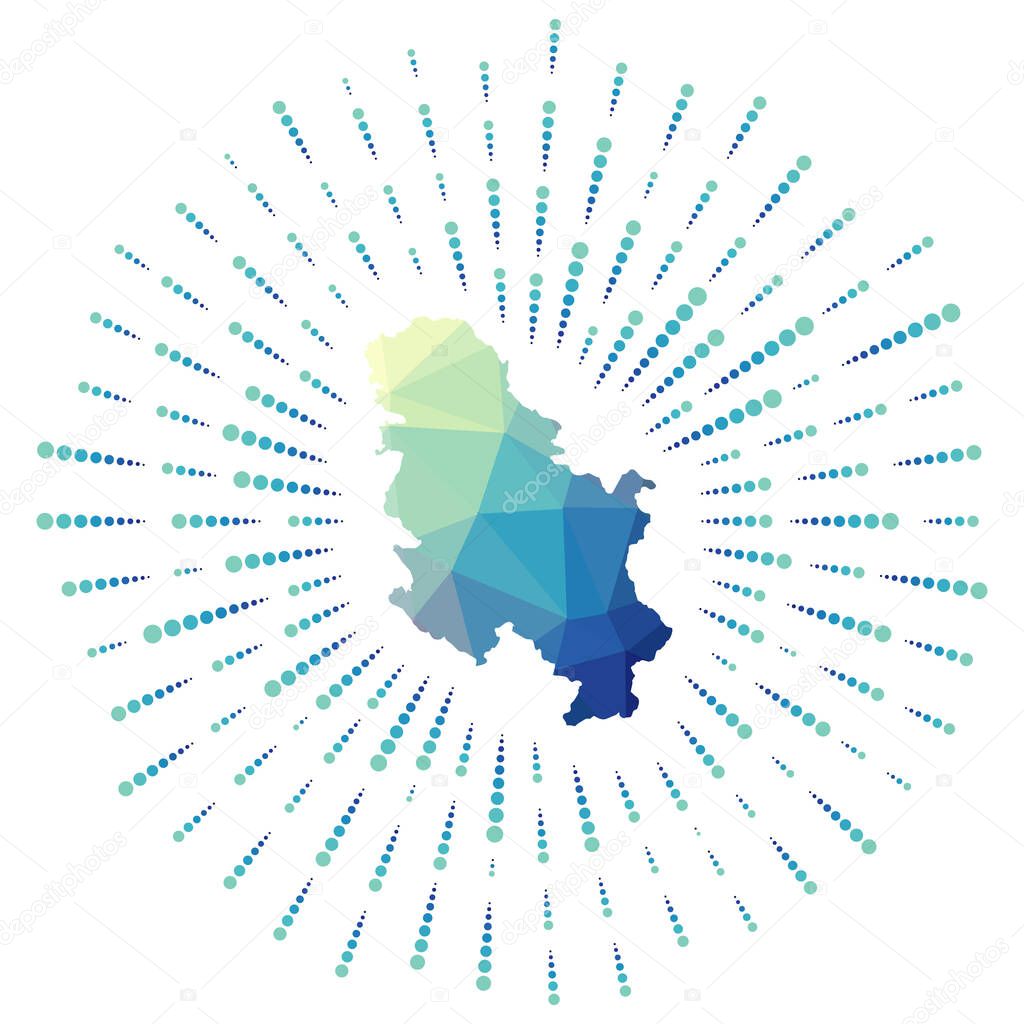 Shape of Serbia polygonal sunburst Map of the country with colorful star rays Serbia illustration