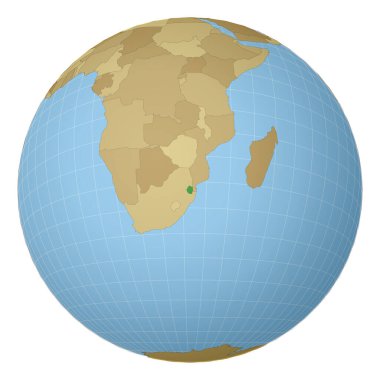 Dünya haritasında yeşil renkle vurgulanmış Svaziland ülkesine odaklı dünya haritası projeksiyonu