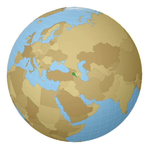 Главная страница в Армении Страна выделена зеленым цветом на карте мира Спутниковая проекция — стоковый вектор