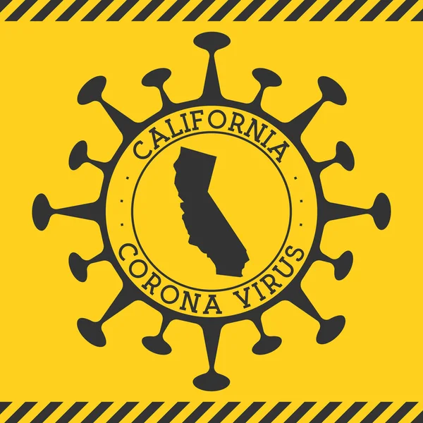 Вірус Корони в Каліфорнії позначений круглим значком з формою вірусу і каліфорнійської мапи Yellow us state. — стоковий вектор