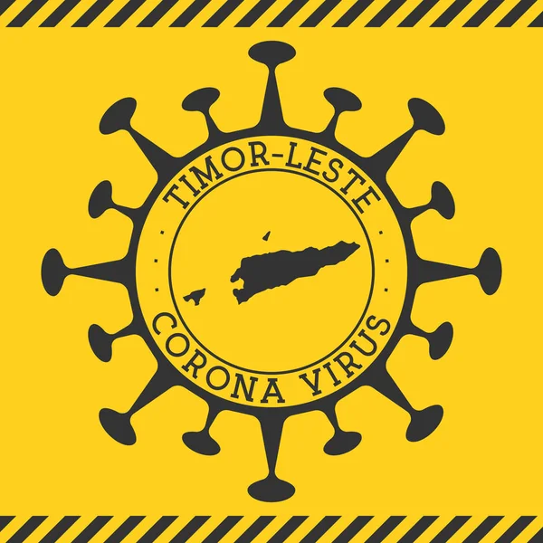 Virus Corona a TimorLeste segno distintivo rotondo a forma di virus e TimorLeste mappa Giallo — Vettoriale Stock