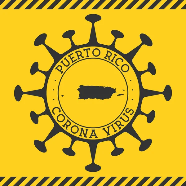 Ιός Corona στο Πουέρτο Ρίκο υπογράψει στρογγυλό σήμα με το σχήμα του ιού και το Πουέρτο Ρίκο χάρτη κίτρινο — Διανυσματικό Αρχείο