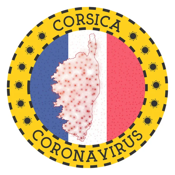 Koronawirus na Korsyce znak Okrągła odznaka w kształcie Korsyki Żółta wyspa zablokować emblemat z — Wektor stockowy