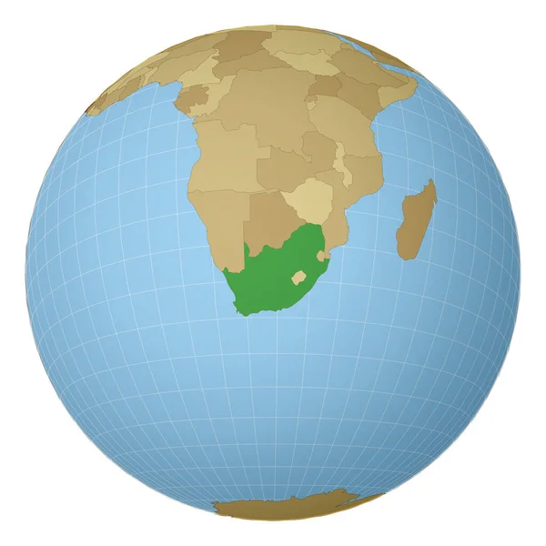 Globus mit Südafrika im Zentrum Land mit grüner Farbe auf der Weltkarte Satellit hervorgehoben — Stockvektor