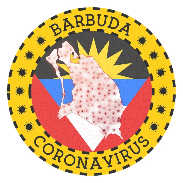 Koronavirus ve znamení Barbuda Kulatý odznak ve tvaru Barbuda Žlutý ostrov uzamknout emblém — Stockový vektor